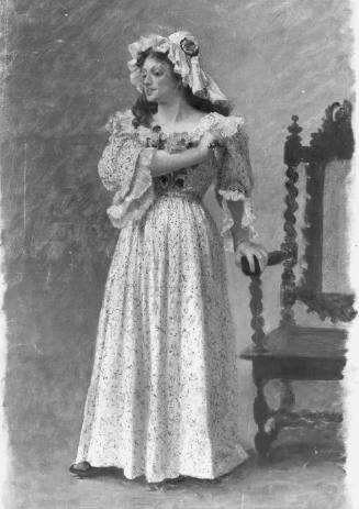 Standing Woman Wearing Ruffled Dress and Bonnet Wielding a Knife