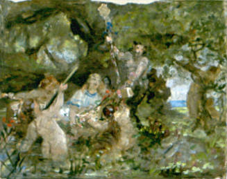 Woman in Boat Greeted at Wooded Bank by Cherubs