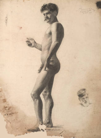 Standing Male Nude with Right Hand Raised, Left Side, (at right) Head Study