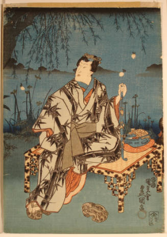 [Seated Man Holding Pipe; Night Scene with Fireflies]