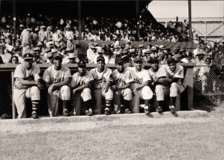 George Crow, Joe Black, Hank Thompson, Sam Jethroe, Larry Doby, Roy Campanella, Monty Irving, and Suitcase Simpson, Barnstorming All-Star Game, Pelican Stadium, New Orleans