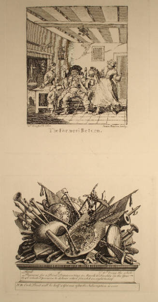 Frontispiece For The Farmers Return (Above) And Stand of Arms, Musical Instruments, Etc. For Subscription And Lottery Ticket For a March to Finchley (Below)