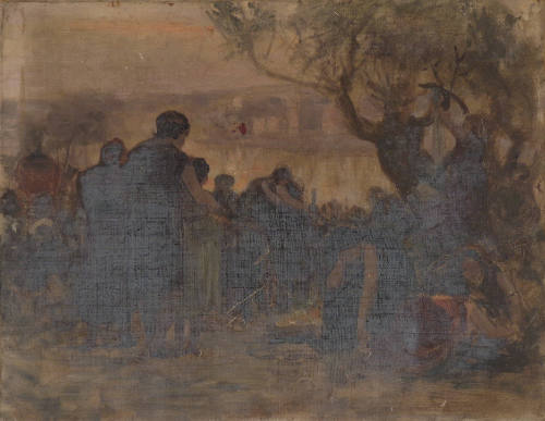 Crowd Gathered on a Riverbank