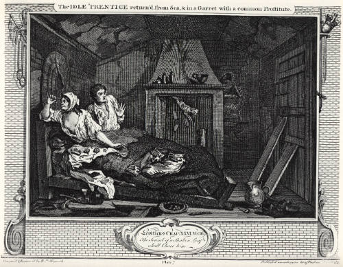 The Idle 'Prentice return'd from Sea, & in a Garret with a Common Prostitute and The Industrious 'Prentice Grown Rich and Sheriff of London