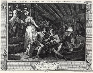 The Idle 'Prentice Betray'd by his Whore, & Taken in a Night Cellar with His Accomplice and The Industrious 'Prentice Alderman of London, The Idle One Brought Before Him & Impeached by his Accomplice
