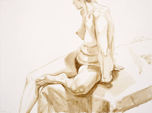 Female Model on Bed, Hands Behind Back